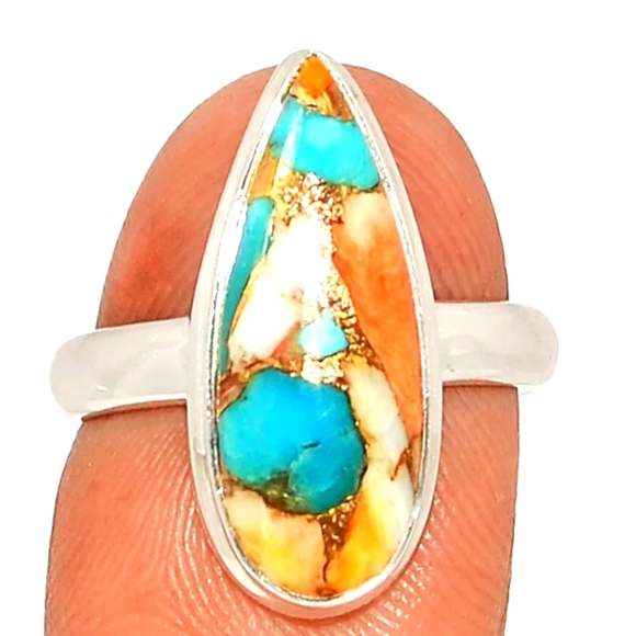 GENUINE Spiny Oyster & Arizona Turquoise 925 Silver Ring Jewelry s.7 - Picture 8 of 11